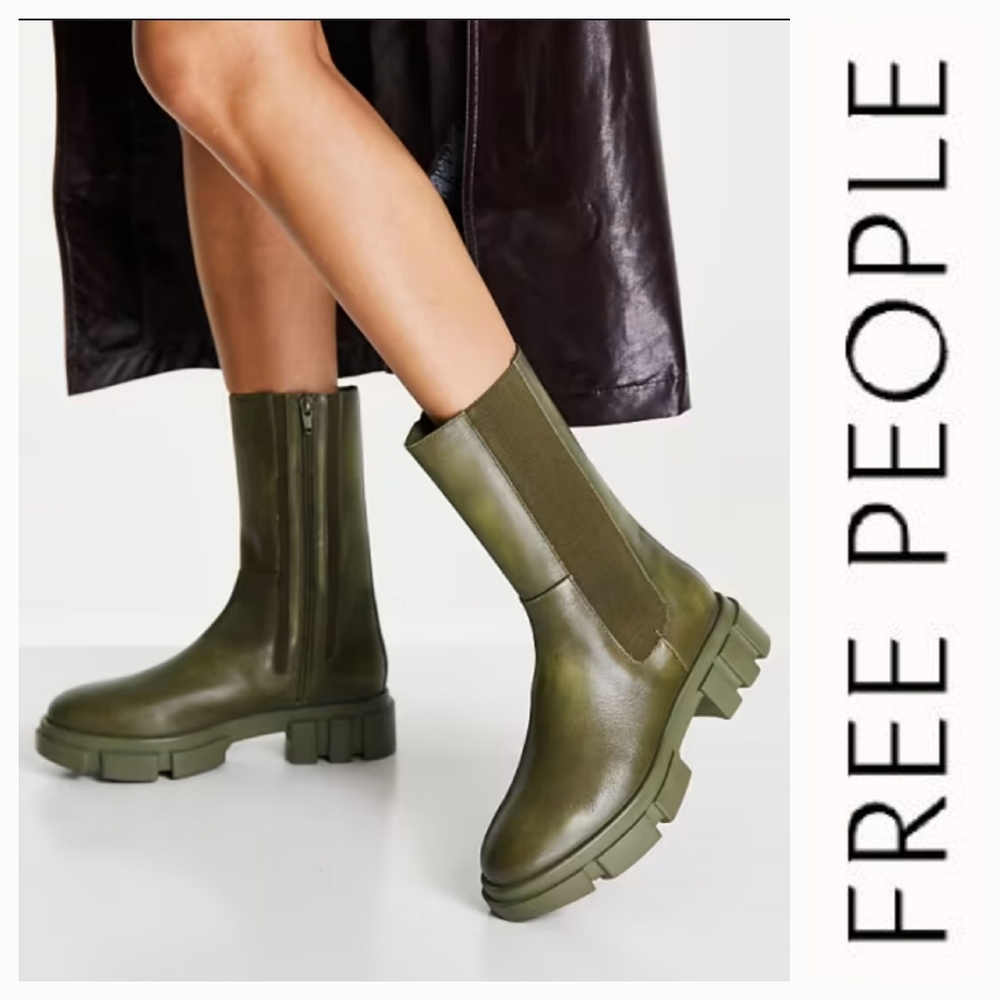new!FREE PEOPLE olive green soft leather combat boot lug sole zipper elastic lux